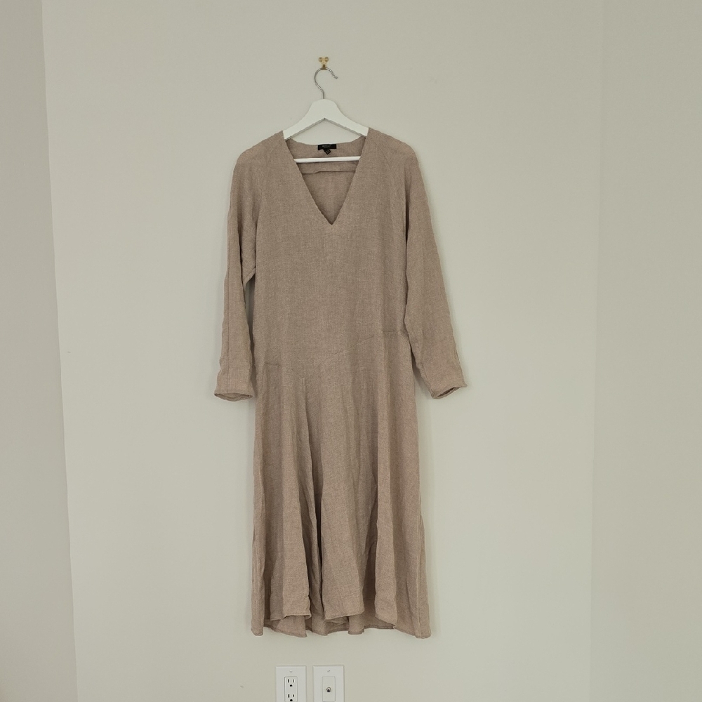 Massimo Dutti Tan V-Neck Long Sleeve Linen Dress